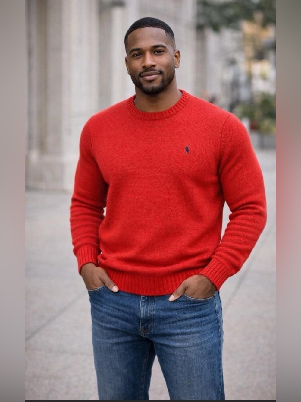Ralph Lauren Red Crewneck Sweater with Navy Polo Logo